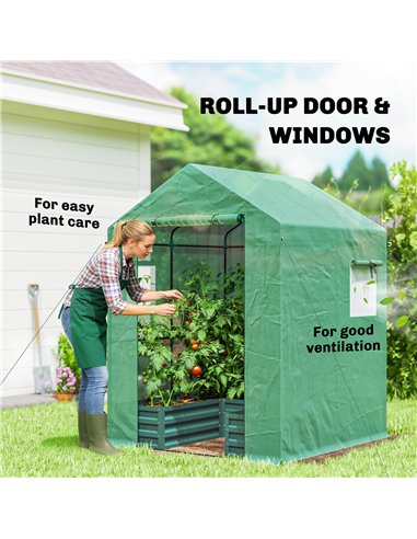 Outsunny Small Greenhouse with Raised Garden Bed, Galvanised Walk-in Greenhouse with Roll Up Windows, 141 x 141 x 190 cm, Green