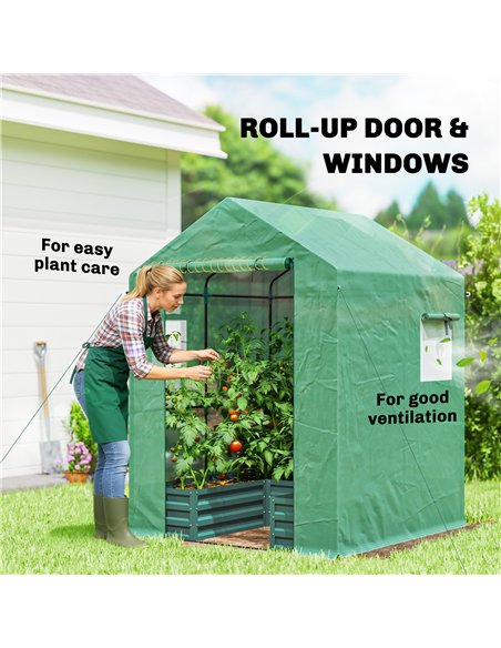 Outsunny Small Greenhouse with Raised Garden Bed, Galvanised Walk-in Greenhouse with Roll Up Windows, 141 x 141 x 190 cm, Green - pic 182225 | FastDaddyshop