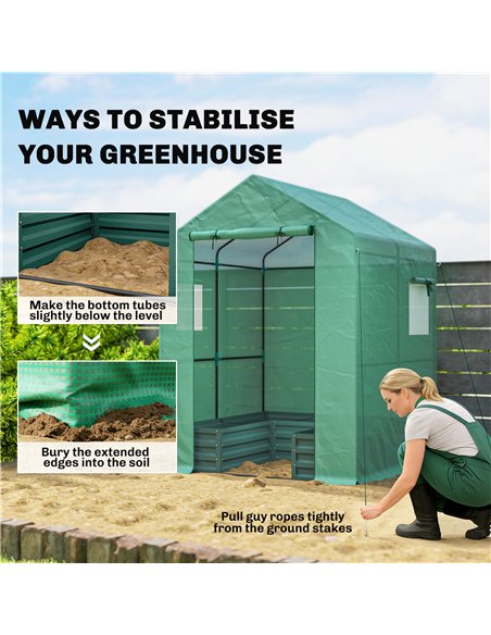Outsunny Small Greenhouse with Raised Garden Bed, Galvanised Walk-in Greenhouse with Roll Up Windows, 141 x 141 x 190 cm, Green - pic 182226 | FastDaddyshop