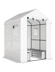 Outsunny Small Greenhouse with Raised Garden Bed, Galvanised Walk-in Greenhouse with Roll Up Windows, 141 x 141 x 190 cm, White