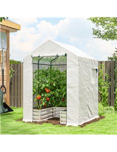 Outsunny Small Greenhouse with Raised Garden Bed, Galvanised Walk-in Greenhouse with Roll Up Windows, 141 x 141 x 190 cm, White 2