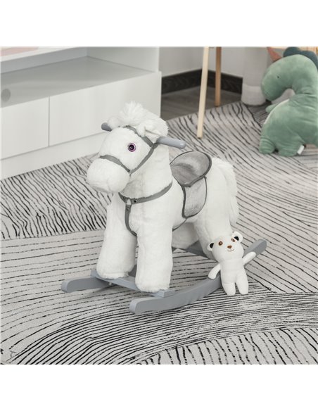 HOMCOM Kids Plush Ride-On Rocking Horse Toy Rocker with Plush Toy Realistic Sounds for Child 18-36 Months White - pic 18223 | FastDaddyshop