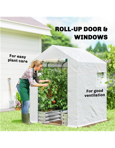 Outsunny Small Greenhouse with Raised Garden Bed, Galvanised Walk-in Greenhouse with Roll Up Windows, 141 x 141 x 190 cm, White