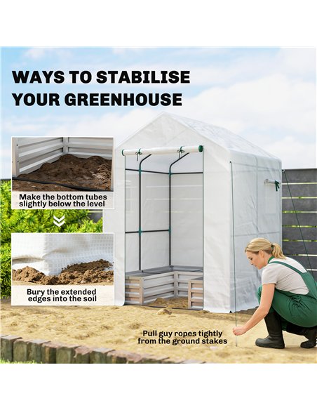 Outsunny Small Greenhouse with Raised Garden Bed, Galvanised Walk-in Greenhouse with Roll Up Windows, 141 x 141 x 190 cm, White - pic 182235 | FastDaddyshop