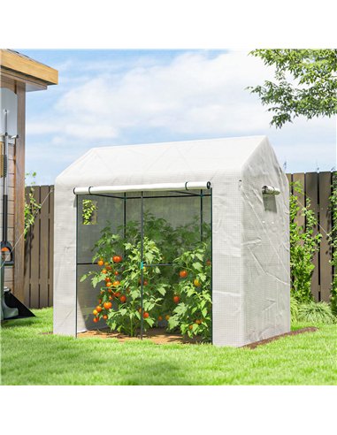 Outsunny Walk-in Greenhouse, Outdoor Tomato Greenhouse with Roll-up Door and Mesh Windows, PE Cover, 200 x 140 x 200cm, White
