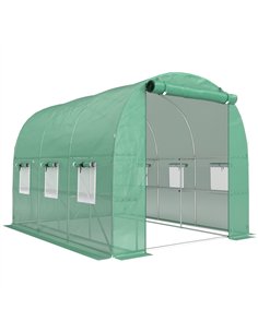 Outsunny Walk-in Greenhouse with Shelves, Polytunnel Greenhouse with Roll-Up Door, 6 Mesh Windows,198 x 275 x 191 cm, Green