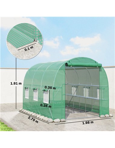 Outsunny Walk-in Greenhouse with Shelves, Polytunnel Greenhouse with Roll-Up Door, 6 Mesh Windows,198 x 275 x 191 cm, Green