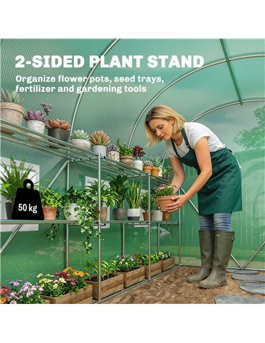 Outsunny Walk-in Greenhouse with Shelves, Polytunnel Greenhouse with Roll-Up Door, 6 Mesh Windows,198 x 275 x 191 cm, Green