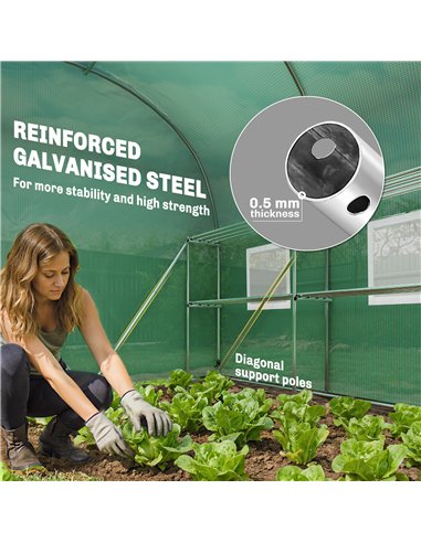 Outsunny Walk-in Greenhouse with Shelves, Polytunnel Greenhouse with Roll-Up Door, 6 Mesh Windows,198 x 275 x 191 cm, Green
