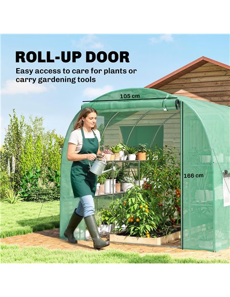 Outsunny Walk-in Greenhouse with Shelves, Polytunnel Greenhouse with Roll-Up Door, 6 Mesh Windows,198 x 275 x 191 cm, Green - pic 182270 | FastDaddyshop
