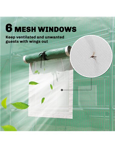 Outsunny Walk-in Greenhouse with Shelves, Polytunnel Greenhouse with Roll-Up Door, 6 Mesh Windows,198 x 275 x 191 cm, Green