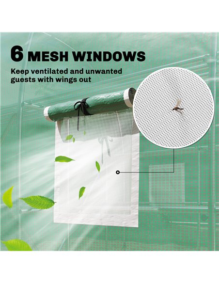 Outsunny Walk-in Greenhouse with Shelves, Polytunnel Greenhouse with Roll-Up Door, 6 Mesh Windows,198 x 275 x 191 cm, Green - pic 182271 | FastDaddyshop
