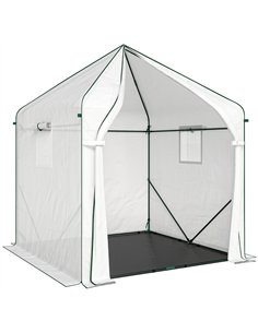 Outsunny Walk-in Greenhouse for Outdoors with Steel Frame, Large Plant House with Roll-up Door and PE Ground Cover, White