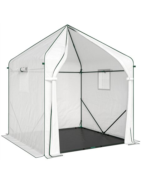 Outsunny Walk-in Greenhouse for Outdoors with Steel Frame, Large Plant House with Roll-up Door and PE Ground Cover, White - pic 182273 | FastDaddyshop