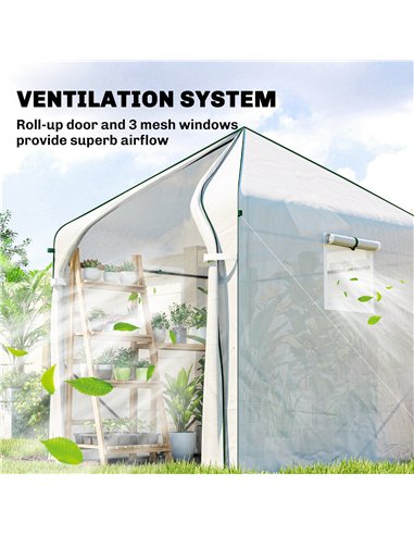 Outsunny Walk-in Greenhouse for Outdoors with Steel Frame, Large Plant House with Roll-up Door and PE Ground Cover, White