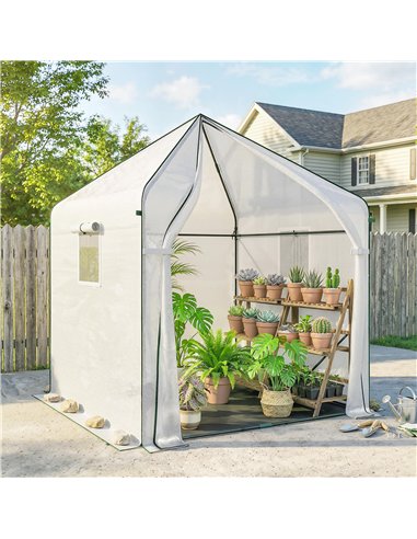Outsunny Walk-in Greenhouse for Outdoors with Steel Frame, Large Plant House with Roll-up Door and PE Ground Cover, White
