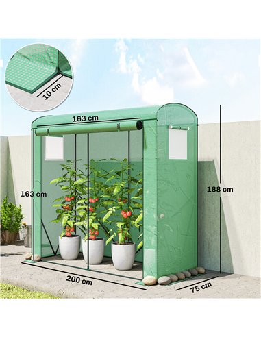 Outsunny Mini Greenhouse, Garden Tomato Growhouse with Roll-Up Door and 2 Mesh Windows, PE Cover, 200 x 75 x 188 cm, Green