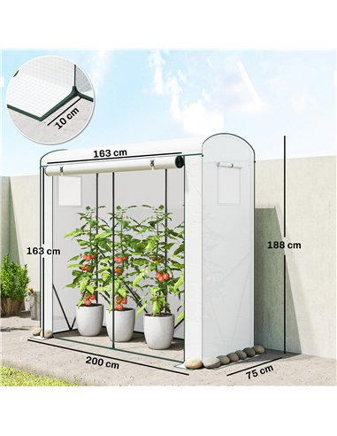 Outsunny Mini Greenhouse, Garden Tomato Growhouse with Roll-Up Door and 2 Mesh Windows, PE Cover, 200 x 75 x 188 cm, White