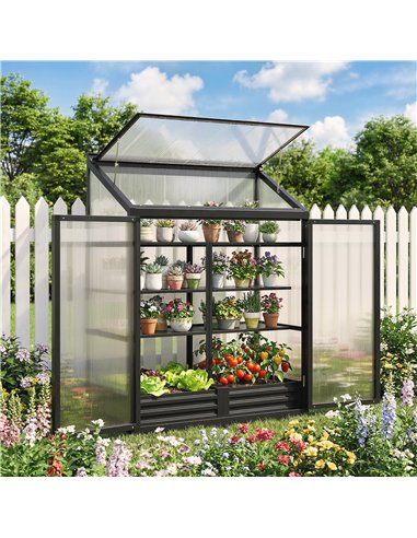 Outsunny Polycarbonate Greenhouse with Hinged Door, Top Vent, Lean-to Green House, Walk-in Greenhouse, 4 x 2ft, Black