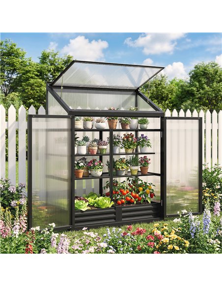 Outsunny Polycarbonate Greenhouse with Hinged Door, Top Vent, Lean-to Green House, Walk-in Greenhouse, 4 x 2ft, Black - pic 182319 | FastDaddyshop