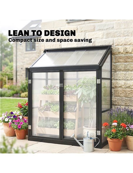 Outsunny Polycarbonate Greenhouse with Hinged Door, Top Vent, Lean-to Green House, Walk-in Greenhouse, 4 x 2ft, Black - pic 182321 | FastDaddyshop