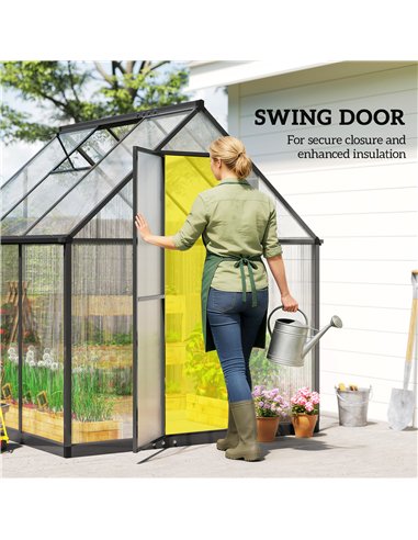 Outsunny Polycarbonate Greenhouse with Swing Door and Adjustable Window, Walk-in Greenhouse with Rain Gutter, 5.5 x 6ft, Black