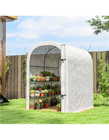 Outsunny Walk-in Greenhouse with Shelves, Small Greenhouse with PE Cover and Roll-up Door, 123 x 187 x 189 cm, White