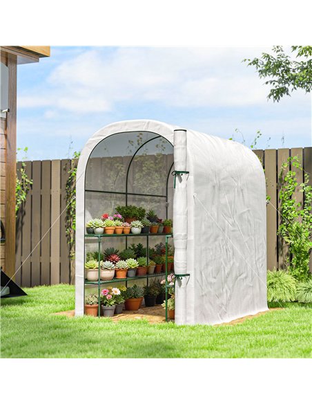 Outsunny Walk-in Greenhouse with Shelves, Small Greenhouse with PE Cover and Roll-up Door, 123 x 187 x 189 cm, White - pic 182355 | FastDaddyshop