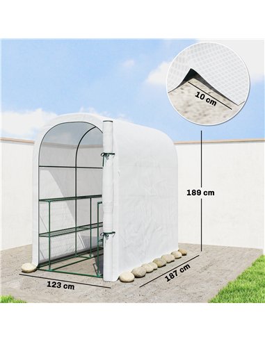 Outsunny Walk-in Greenhouse with Shelves, Small Greenhouse with PE Cover and Roll-up Door, 123 x 187 x 189 cm, White
