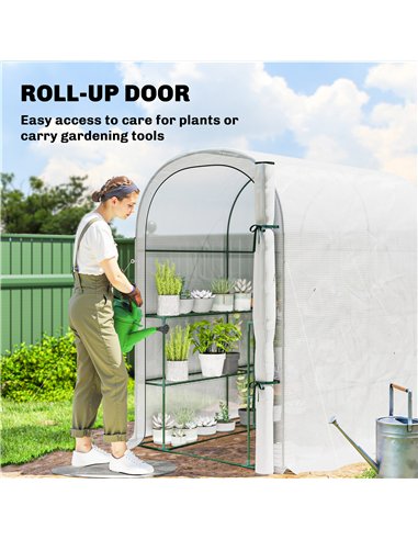Outsunny Walk-in Greenhouse with Shelves, Small Greenhouse with PE Cover and Roll-up Door, 123 x 187 x 189 cm, White