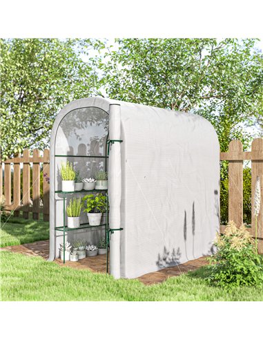 Outsunny Walk-in Greenhouse with Shelves, Small Greenhouse with PE Cover and Roll-up Door, 123 x 187 x 189 cm, White