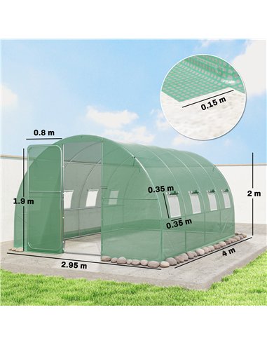 Outsunny 3 x 4 m Walk-in Polytunnel Greenhouse with Hinged Door and 8 Roll Up Mesh Windows, Garden Tunnel Warm House Tent, Green