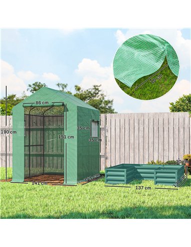 Outsunny Small Greenhouse with Raised Garden Bed, Galvanised Walk-in Greenhouse with Roll Up Windows, 141 x 141 x 190 cm, Green
