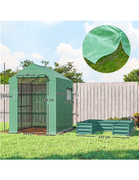 Outsunny Small Greenhouse with Raised Garden Bed, Galvanised Walk-in Greenhouse with Roll Up Windows, 141 x 141 x 190 cm, Green - pic 182401 | FastDaddyshop