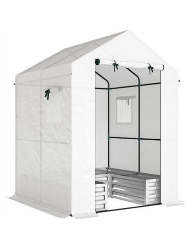 Outsunny Small Greenhouse with Raised Garden Bed, Galvanised Walk-in Greenhouse with Roll Up Windows, 141 x 141 x 190 cm, White