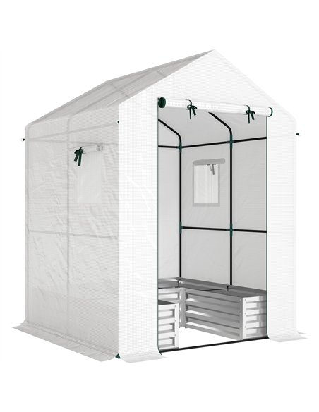 Outsunny Small Greenhouse with Raised Garden Bed, Galvanised Walk-in Greenhouse with Roll Up Windows, 141 x 141 x 190 cm, White - pic 182408 | FastDaddyshop