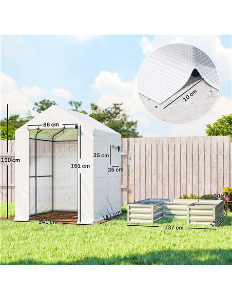 Outsunny Small Greenhouse with Raised Garden Bed, Galvanised Walk-in Greenhouse with Roll Up Windows, 141 x 141 x 190 cm, White - pic 182410 | FastDaddyshop
