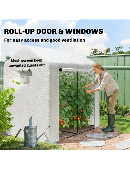 Outsunny Walk-in Greenhouse, Outdoor Tomato Greenhouse with Roll-up Door and Mesh Windows, PE Cover, 200 x 140 x 200cm, White - pic 182422 | FastDaddyshop