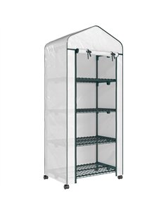 Outsunny 4 Tier Mini Portable Greenhouse Compact Plant Grow Shed Metal Frame PE Cover with Lockable Rolling Wheels, White