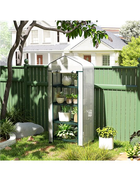 Outsunny 4 Tier Mini Portable Greenhouse Compact Plant Grow Shed Metal Frame PE Cover with Lockable Rolling Wheels, White - pic 182463 | FastDaddyshop