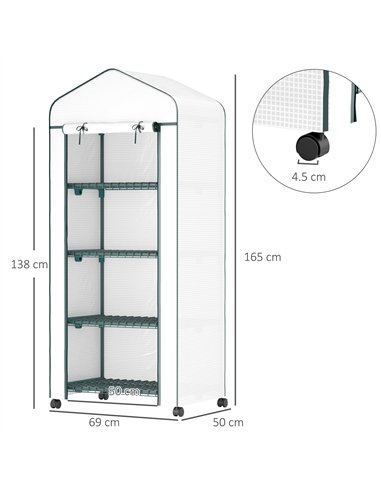 Outsunny 4 Tier Mini Portable Greenhouse Compact Plant Grow Shed Metal Frame PE Cover with Lockable Rolling Wheels, White