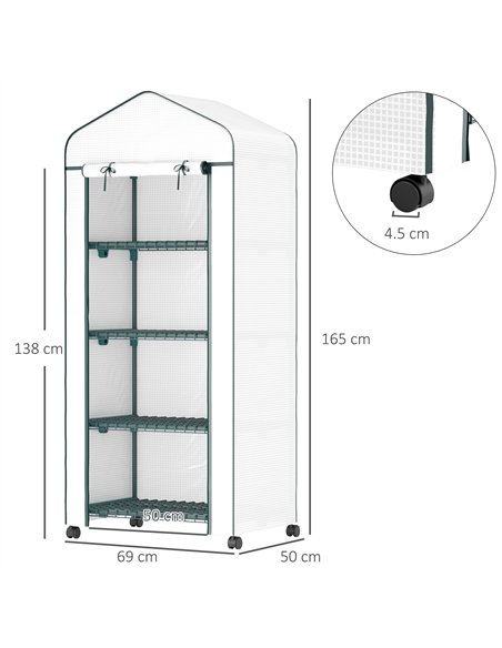 Outsunny 4 Tier Mini Portable Greenhouse Compact Plant Grow Shed Metal Frame PE Cover with Lockable Rolling Wheels, White - pic 182464 | FastDaddyshop