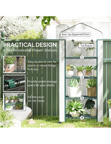 Outsunny 4 Tier Mini Portable Greenhouse Compact Plant Grow Shed Metal Frame PE Cover with Lockable Rolling Wheels, White