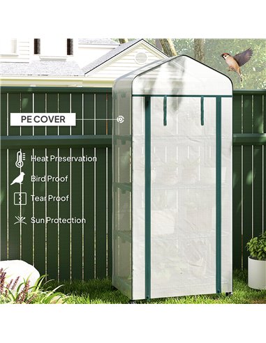 Outsunny 4 Tier Mini Portable Greenhouse Compact Plant Grow Shed Metal Frame PE Cover with Lockable Rolling Wheels, White
