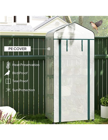 Outsunny 4 Tier Mini Portable Greenhouse Compact Plant Grow Shed Metal Frame PE Cover with Lockable Rolling Wheels, White - pic 182466 | FastDaddyshop