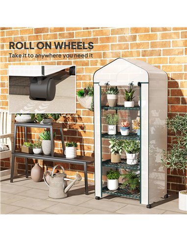 Outsunny 4 Tier Mini Portable Greenhouse Compact Plant Grow Shed Metal Frame PE Cover with Lockable Rolling Wheels, White