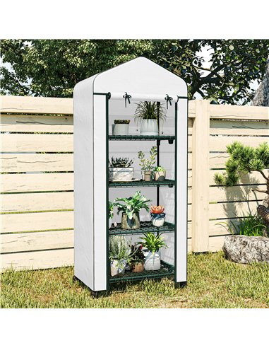 Outsunny 4 Tier Mini Portable Greenhouse Compact Plant Grow Shed Metal Frame PE Cover with Lockable Rolling Wheels, White