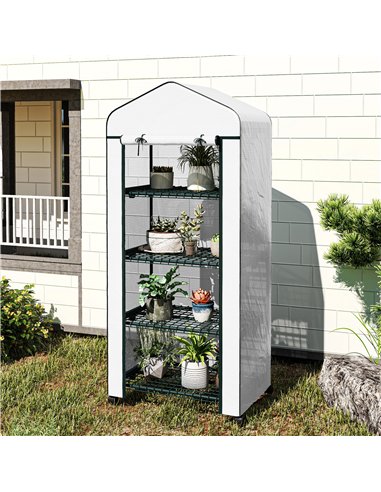 Outsunny 4 Tier Mini Portable Greenhouse Compact Plant Grow Shed Metal Frame PE Cover with Lockable Rolling Wheels, White