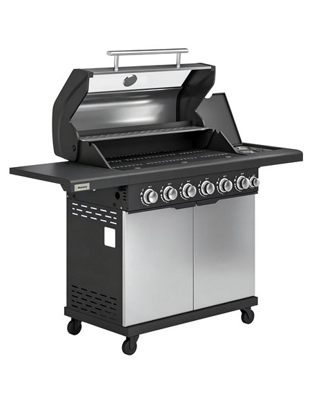 Outsunny 6+1 Burner Gas BBQ Grill, Outdoor Barbecue Trolley with Wheels, Warming Rack, Thermometer, Bottle Opener, Silver Tone - pic 182498 | FastDaddyshop