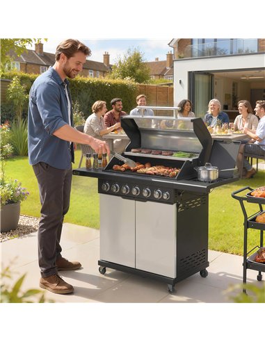 Outsunny 6+1 Burner Gas BBQ Grill, Outdoor Barbecue Trolley with Wheels, Warming Rack, Thermometer, Bottle Opener, Silver Tone